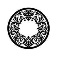 Elegant Circular Black and White Decorative Featuring Intricate Floral and Scrollwork Patterns, with a Central Empty Space, Ideal for Logos or Embellishments. vector
