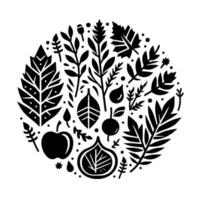 A botanical illustration in a circular form, featuring stylized leaves, fruits, and foliage in a highcontrast, black and white . vector