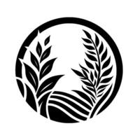 A stylized, minimalist emblem featuring black botanical elements leaves and grass arranged within a circular frame, on a white backdrop, evokes nature and harmony. vector