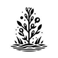 Minimalist Black and White Illustration of Stylized Plant with Abstract Leaves, Grass and Floating Elements on White. vector