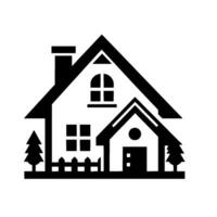 Simple, symmetrical, monochrome illustration of a charming house with a chimney, trees, and a fence, evoking a sense of home. vector