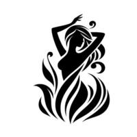Elegant Black Silhouette of a Woman with flowing Hair and decorative Floral Embellishments, isolated on White. vector