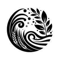 A stylized, monochrome emblem featuring wheat stalks and leafy branches within a circular wave , adorned with scattered dots. vector
