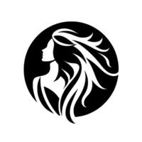 A stylized, black and white silhouette illustration of a womans profile within a circle, showcasing flowing hair and elegant lines, with a modern, minimalist aesthetic. vector