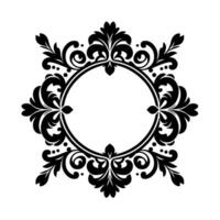 Intricate Black Floral Frame Elegant, symmetrical, ornamental featuring a circular interior, surrounded by detailed floral motifs, curls, and dots on a white background. vector