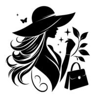 An elegant silhouette of a woman in a widebrimmed hat, holding leaves and a bag, with a butterfly and stars, showcasing sophistication and style. vector