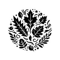 A stylized, monochromatic emblem of autumn foliage, comprising various leaf types and organic embellishments arranged in a circular composition against a white backdrop. vector