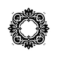 Intricate Black and White Ornamental A symmetrical floral pattern, reminiscent of vintage aesthetics, with a blank central space, set against a clean white backdrop. vector