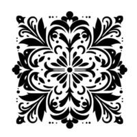 Symmetrical Black and White Floral Damask Pattern with Detailed Leafy Flourishes and Ornate Curlicues on White Background, Square Composition. vector