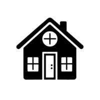 A stylized, monochromatic house with a plus sign atop, symbolizing healthcare access or community services, contrasted against a clean white background. vector