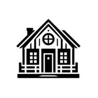 A stylized, black and white illustration of a quaint cabin with a gabled roof, round window, and rectangular windows, with porch railing. vector