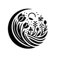 Black and white floral emblem, curved arrangement of stylized flowers, tulips, leaves, and dots within a crescent moon or circular frame, minimalist art. vector