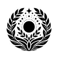 A symmetrical black and white circular showcasing a central sunlike orb surrounded by leafy branches, dots, and a star on a clean white background. vector