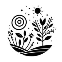 Minimalist Black and White Illustration of Botanical Elements, Sun, and Field, in a Circle Composition. vector