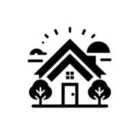 Minimalist black and white illustration of a house with trees, sun and clouds, depicting a sunny, serene countryside environment. vector