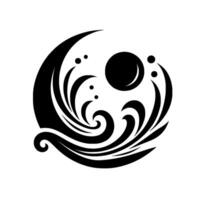 Abstract Black and White Illustration of a Crescent Wave Cresting Towards a Central Sphere with Decorative Dots. vector