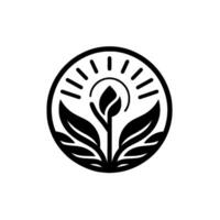 A minimalist black and white circular emblem featuring a stylized plant with leaves, a central bud framed by a sunlike halo, signifying growth and vitality. vector