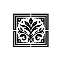Monochromatic Floral Motif in a Square Frame A symmetrical black and white featuring a stylized plant, framed by a square with decorative corner elements, evoking elegance and balance. vector