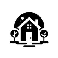 Minimalist Black and White of a House with Trees, Moon in the Background, Representing Home Nature vector