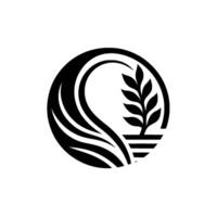 Abstract Black and White Emblem Featuring a Plant and Flowing Lines Enclosed in a Circle, Symbolizing Growth and Nature. vector