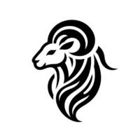 Intricate monochrome illustration of a rams head in profile, featuring a stylized, bold with flowing lines, evoking power and elegance. vector