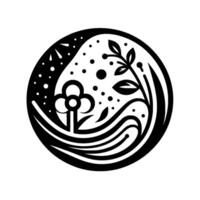 Intricate black and white circular featuring stylized floral and botanical elements, evoking natures simplicity. vector