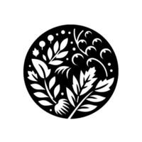 A stylized, black and white circular illustration featuring a symmetrical arrangement of leaves, berries, and flowing, curling vinelike elements, evoking a sense of minimalist nature and . vector