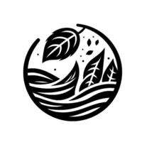 Black and White Circular Illustration of Leaves and Water Lines, Symbolizing Natures Harmony within a Compact . vector
