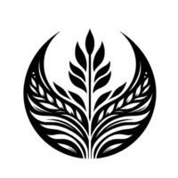 A stylized, minimalist black and white illustration featuring a central vertical plant , enclosed within a circular frame with crescentlike extensions. The evokes a sense of balance and vector