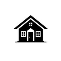 Simplistic Black and White Silhouette of a House, Featuring a Triangular Roof, CrossShaped Window, and Square Windows, Set Against a Plain White Background. vector