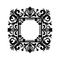 Intricate Black White Square Ornate Frame , Featuring Floral Swirl Motifs, With An Open, Square Center on a White Background. vector