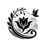 A symmetrical black and white , featuring a stylized flower, a leaf branch with dots, and a soaring bird, all arranged in a circular pattern against a blank canvas. vector