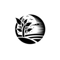 A serene black and white emblem depicting a stylized tree, a minimalist landscape of hills, sea, and sky inside a circular frame with avian motifs, evoking tranquility. vector