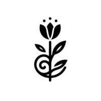 Stylized Monochrome Floral Emblem A Bold, Simplified Tulip with Swirl Base and Dot Accents on a Clean White Background. vector