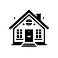 A minimalist, shining black and white illustration of a cozy house with a cross door handle, windows, a chimney, and star sparkles, against a clean white background. vector