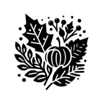 A stylized black and white emblem featuring a pumpkin surrounded by leaves, berries, and decorative elements, perfect for autumn and fallthemed designs. vector