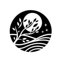 Serene Night Landscape Silhouetted tree with leaves against a full moon, stars, and undulating water, contained within a circular black frame. vector