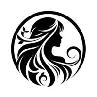 Graceful Silhouette A Black and White Illustration of a Womans Profile Adorned with Flowing Hair and Delicate Floral Accents Within a Circular Frame. vector