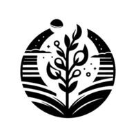 A stylized, circular monochrome illustration featuring a central plant, fields, clouds, and a sun against a minimalist white backdrop, evoking a sense of growth. vector