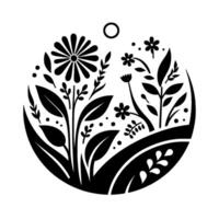 Intricate black and white floral illustration within a circular frame, featuring stylized blooms, leaves, and a delicate evoking natures beauty. vector