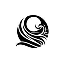 Abstract Black and White Circle Composition with Ocean Waves and Sun, Symbolic and Minimalist , Clean Lines. vector
