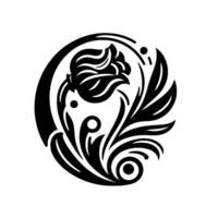 Elegant, stylized black and white floral emblem composed of a central roselike flower, curved stems, leaves, and ornamental spirals, all set within a circular frame. vector