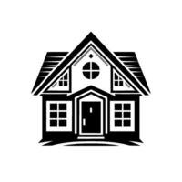 Monochromatic stylized house illustration featuring a gable roof, circular window, symmetrical , and black and white contrast on a plain white background. vector