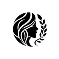 Elegant Black Silhouette of a Womans Face Encircled by Flowing Hair and a Laurel Wreath in a Circle, on White Background. vector