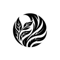Elegant black and white botanical , featuring a stylized leaf and feather motif arranged within a circular frame, evoking natures harmony. vector