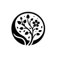 A minimalist, stylized black and white illustration of a tree within a circle, featuring leaves, a flower, and a serene, appeal. vector
