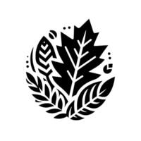 Monochromatic Emblem Stylized Nature Composition of Leaves, Branches, and Decorative Elements in a Circular Arrangement. vector