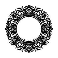 Intricate Black and White Ornamental Circular , Featuring Flourishes, Leaves, and Dots, with a Central Blank Space. vector