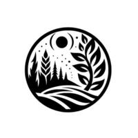 A Stylized Circular Landscape in Black and White, Featuring Trees, a Crescent Moon, Wheat, Starry Sky, and Rolling Hills. vector