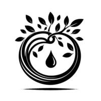 Symbolic circular merging a stylized tree with water droplet, showcasing natural harmony in monochrome elegance, suggesting growth. vector